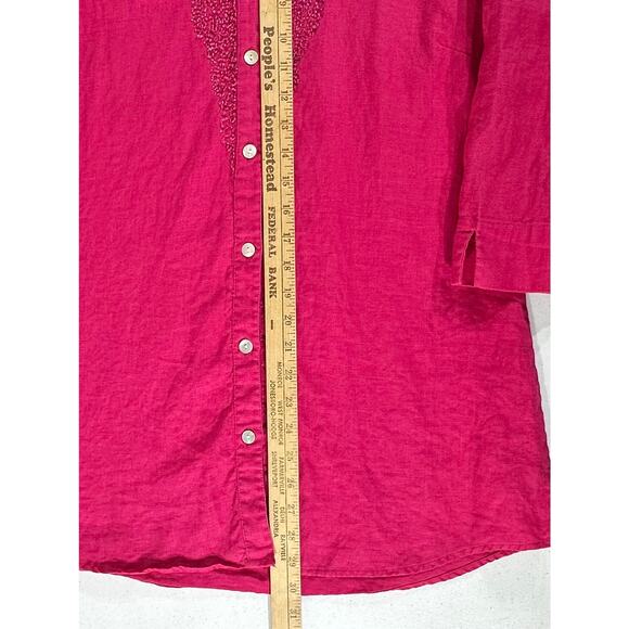 Chicos Blouse Top Size 2 or Large Pink Fuchsia 100% Linen Beaded Collar Chest - Picture 6 of 8